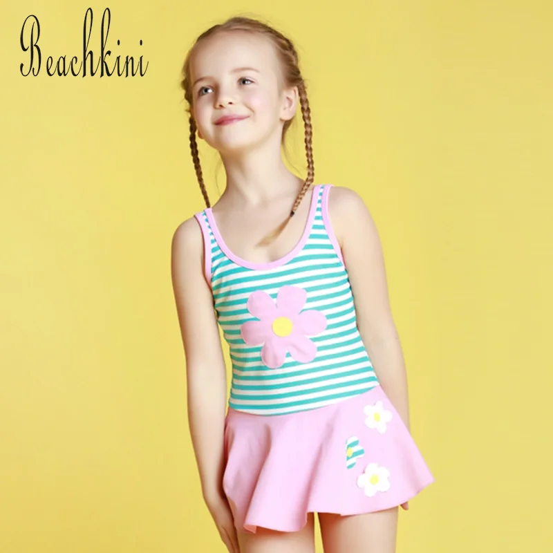 Striped One Piece Swimsuit Girl Lace Trim Swimwear Lovely Floral