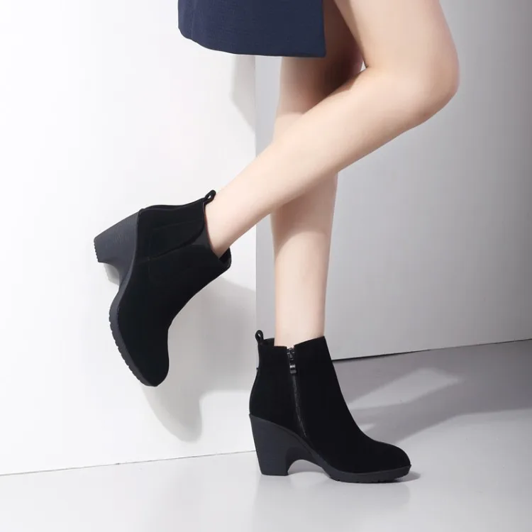 2016 New Black Matte Leather Ankle Boots Chunky Heel Martin Bootie Women’s Footwear Gray High Heels Shoes Khaki