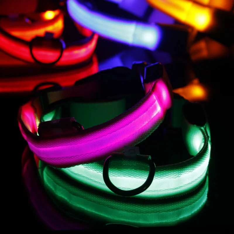 Adjustable Nylon LED Pet Dog Collar Night Safety Flashing Glow puppy collar Dog harness Dogs Luminous Fluorescent Collars8