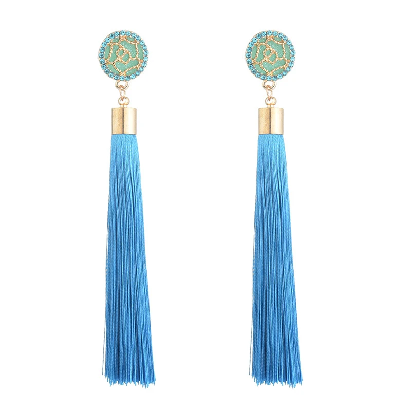 

Bohemian Crystal Tassel Earrings Black White Blue Red Pink Silk Fabric Long Drop Drop Tassel Earrings For Women Jewelry 2019