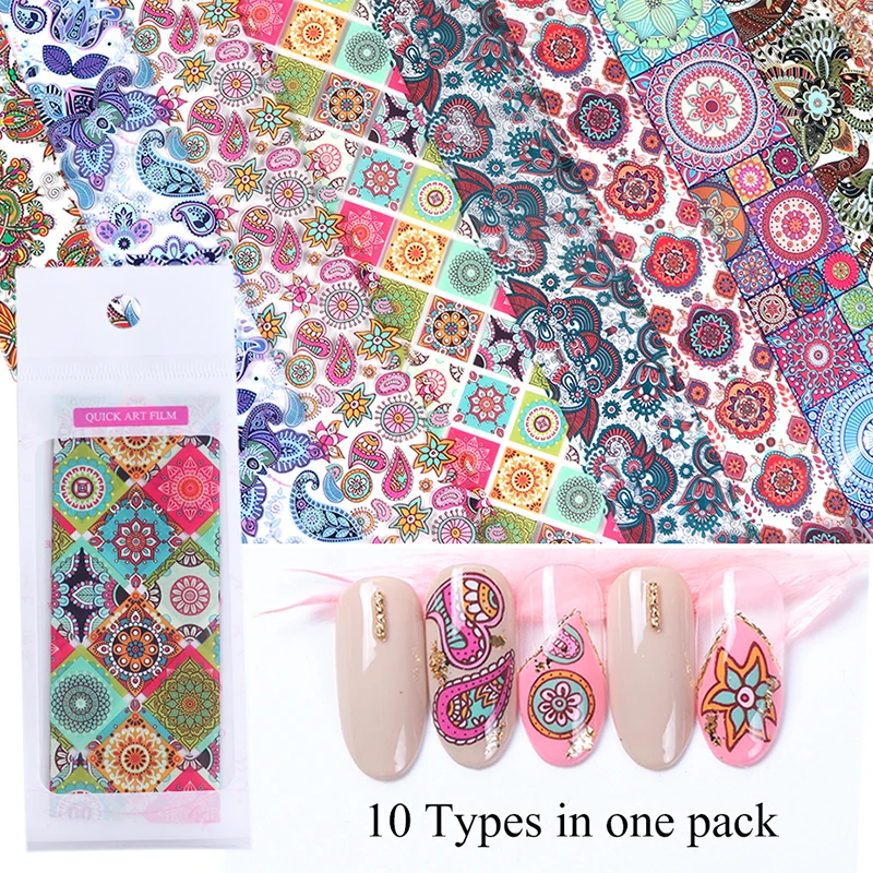 

10 Sheets Colorful Nail Foils Stickers Mixed Patterns Bohemian Series Beauty Design Nail Art Design Decorations Transfer Decals