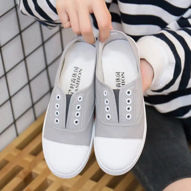 Adult canvas casual shoes woman flats solid comfortable flat with sneakers women shoes slip-on ladies shoes women sneakers - Color: grey