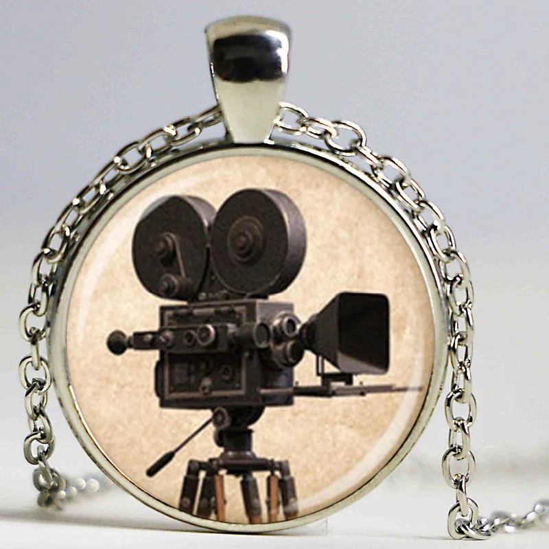 Antique movie camera necklace glass dome pendant ,fashion handmade jewelry