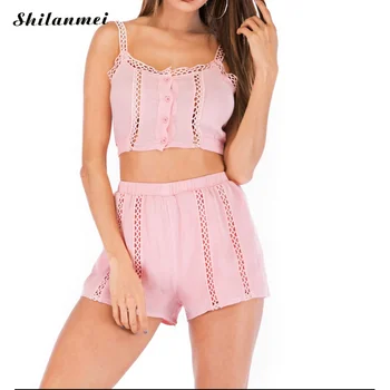 

2019 Summer White Hollow Crop Tops Shorts Sets Lace Two Pieces Sets Lace New Sweet Style Cotton Casual Daily Beach 2 PCS Set