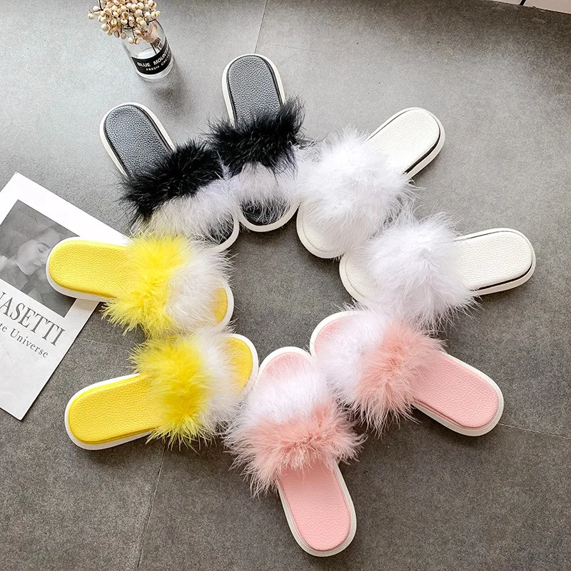 

Summer New Women Fur Slides Shoes Fluffy Slippers 2019 New Flat With Comfortable Platform Slippers Casual Beach Slippers