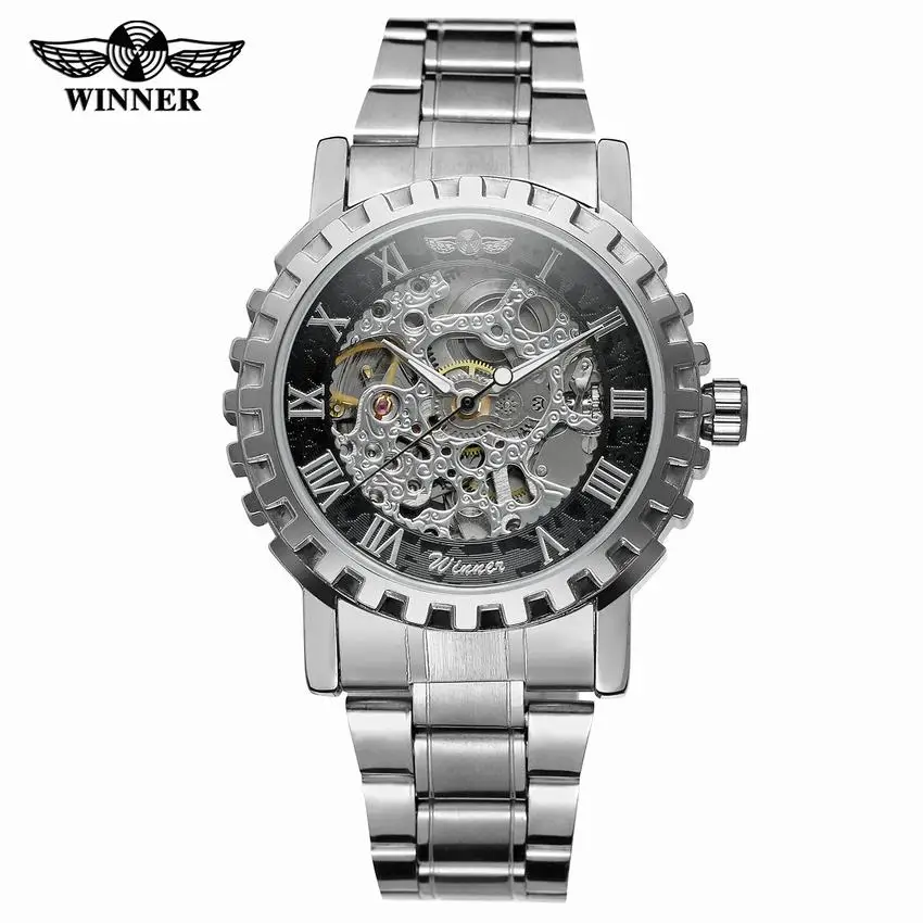 Часы WINNER Silver Gear мужские Модные Повседневные часы со скелетом автоматические