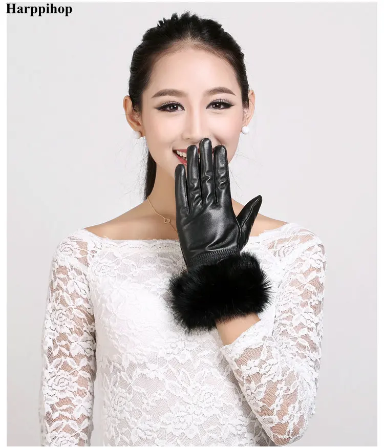 high quality Women Lady Black sheepskin Leather Gloves Autumn Winter Warm Rabbit Fur Mittens Hottest Velvet Wind water proof