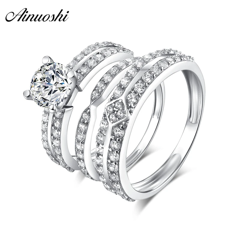 AINUOSHI 925 Sterling Silver Couple Wedding Engagement 4 Prongs Ring Sets Round Cut Men