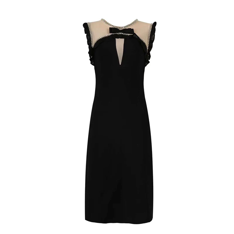 De Negro Vestido Moda Noche Mangas Patchwork Fiesta Al Sin Rebordea Malla Que Calidad Elegante Por Alta Mayor Bandage wrqqIE4nxX