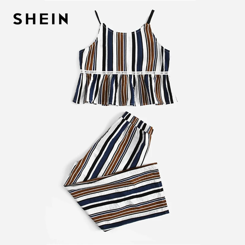SHEIN كيدي كشكش تنحنح مخطط كامي بلوزات وسراويل الشاطئ نمط الفتيات الملابس 2019 الصيف بلا أكمام عارضة فتاة الملابس مجموعة