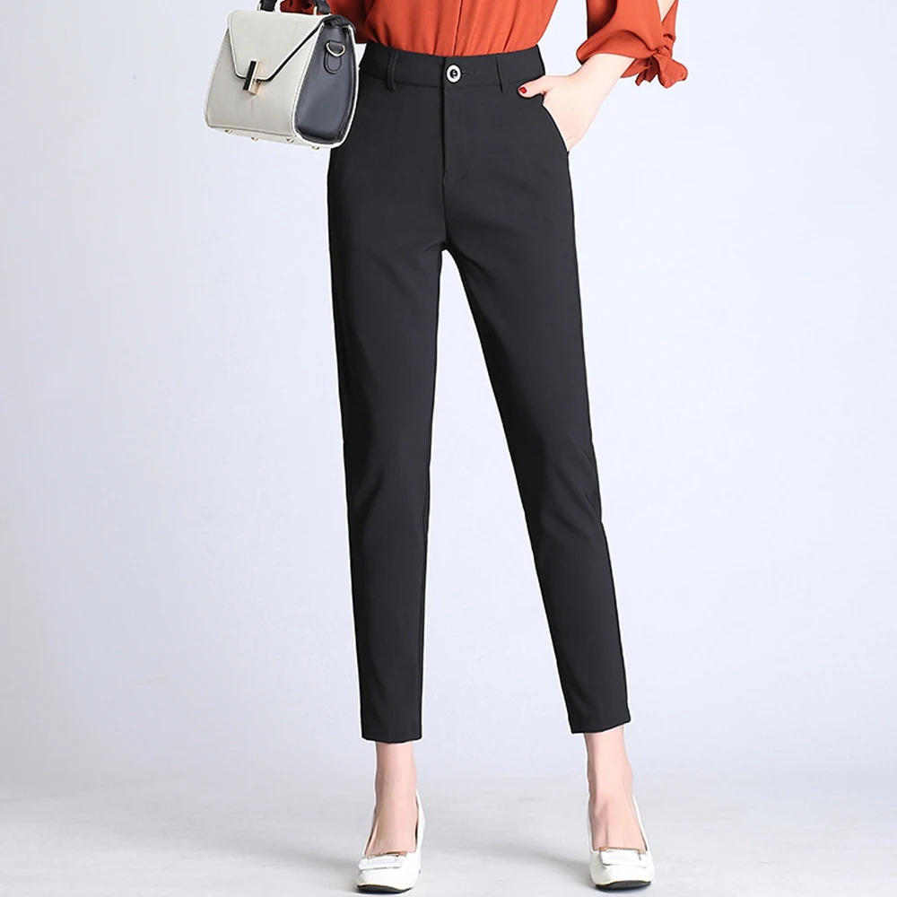 Новые женские с высокой талией повседневные шаровары тонкие удобные черные костюмы брюки Офисная Женская рабочая одежда брюки плюс размер
