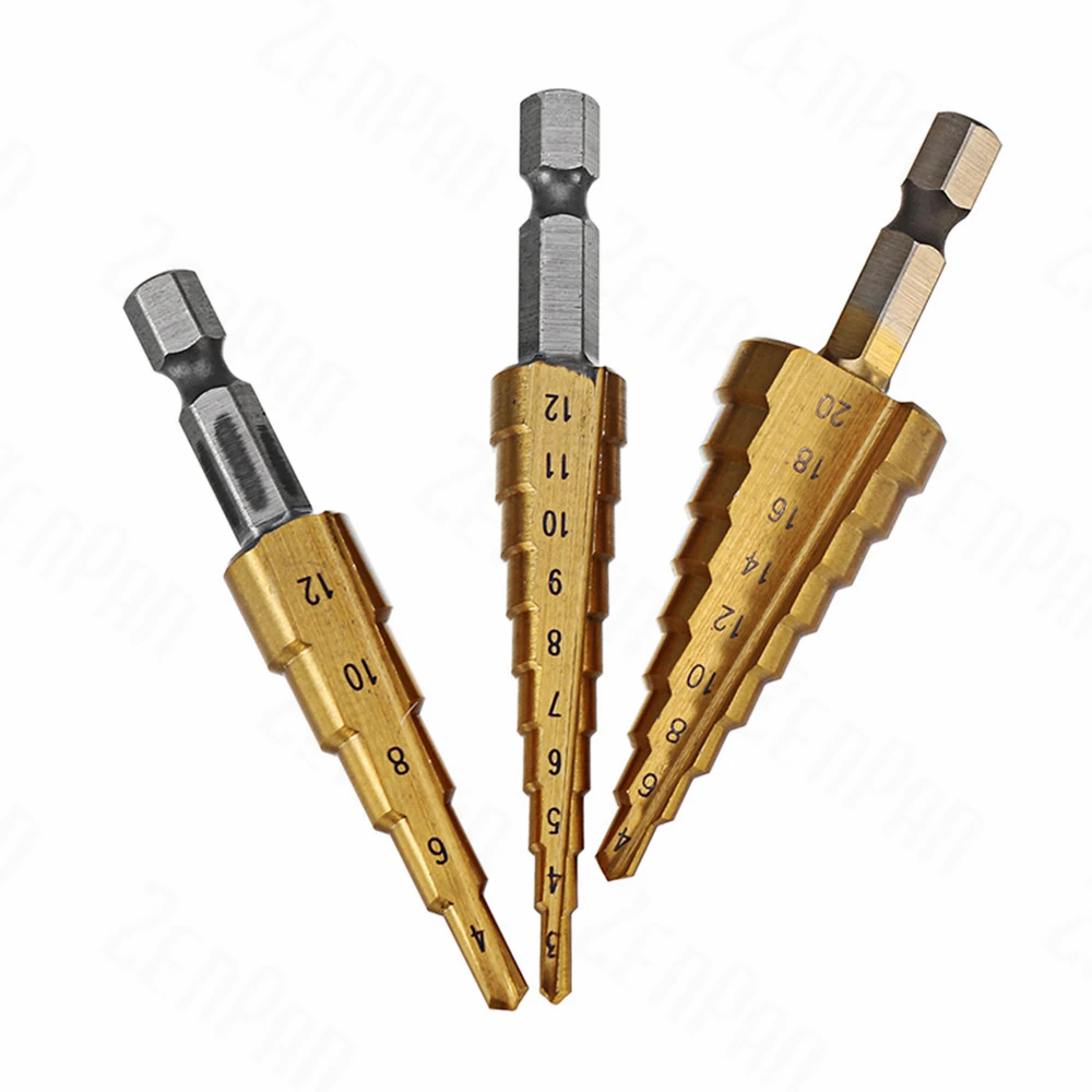 3Pcs 1/4 Inch Hex Shank HSS Titanium Coated Step Drill Bit Set 3 12/4