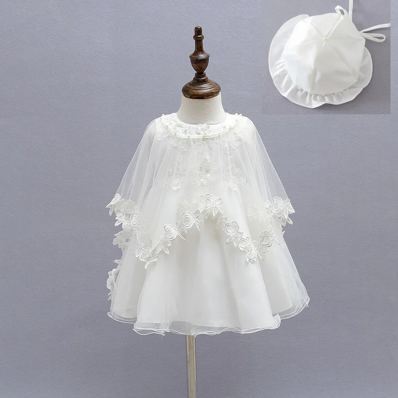 

Newborn Baby Girls Dresses Children Sleeveless Ivory Christening Party Ball Gown with Hat and Lace Cape Formal Toddler Baptism