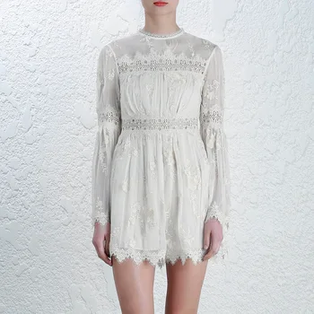 

New Style 2019 Summer Mini A-Line Dress Full O Neck Elegant Women Zipper Hollow Out High Quality Body con Dresses Wholesale