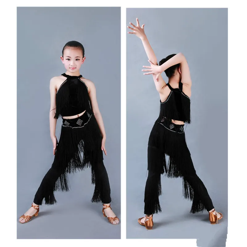 

Shiny Rhinestone Latin Dance Dress For Girls Black Tassel Ballroom Dancing Latin Pants Girl Festival Stage Performance Clothing