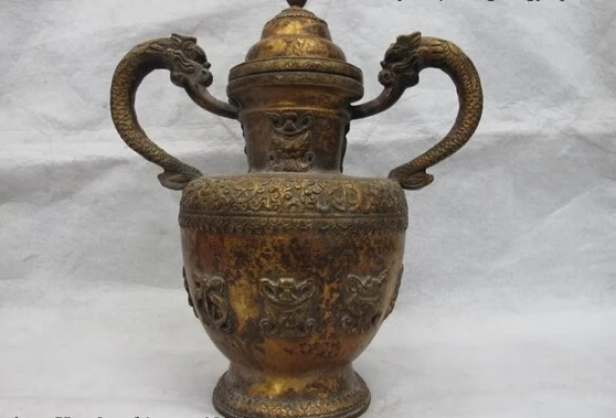 

Collectible bronze lion statue S0370 Tibet Buddhism Classic Copper Bronze Eight treasures twin Dragon Ears Pot Vase B0403