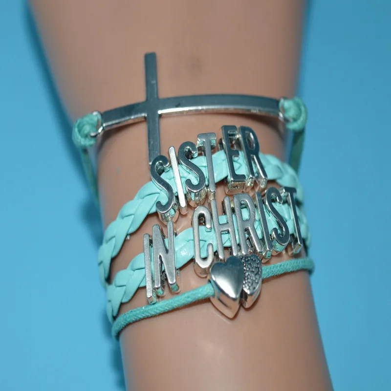 Cross Heart Sister In Christ Charm Bracelet Sky Blue Leather Rope Cross Heart Sister In Christ Charm Bracelet Sky Blue Leather Rope Cuff Women Men Friendship Customize Wristband Bangles Jewelry Bracelets From