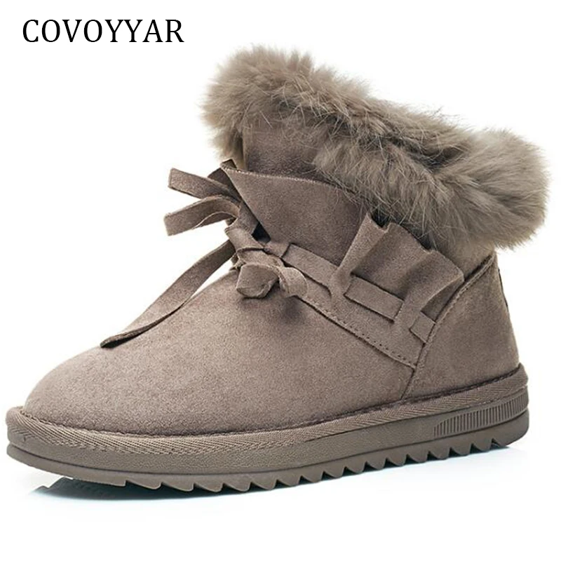 

COVOYYAR 2019 Warm Fur Snow Boots Women Winter Ruffles Bowtie Suede Ankle Boots Slip On Flat Women Cotton Shoes WBS781