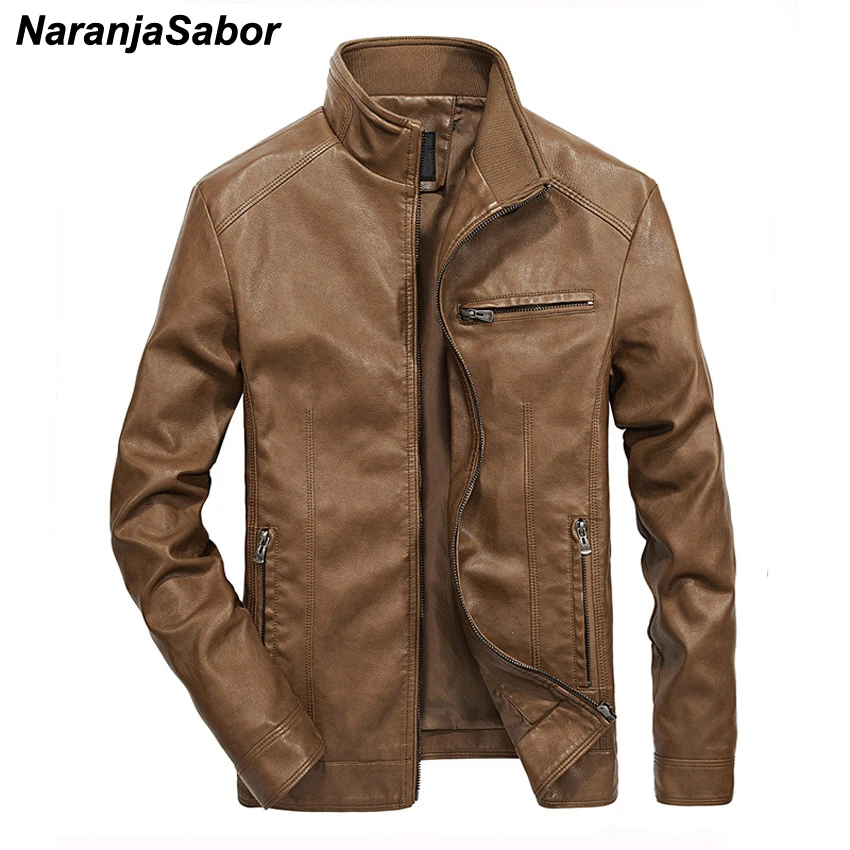 Мужские кожаные куртки NaranjaSabor, 5XL, куртка из искусственной кожи со стоячим воротником, Мужская мотоциклетная кожаная куртка, Повседневная приталенная Мужская брендовая одежда