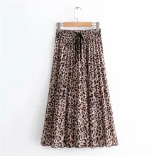 New Women Vintage Leopard Print Pleated Midi Skirt Faldas Mujer for Ladies Elastic Waist Sashes Chic Mid-calf