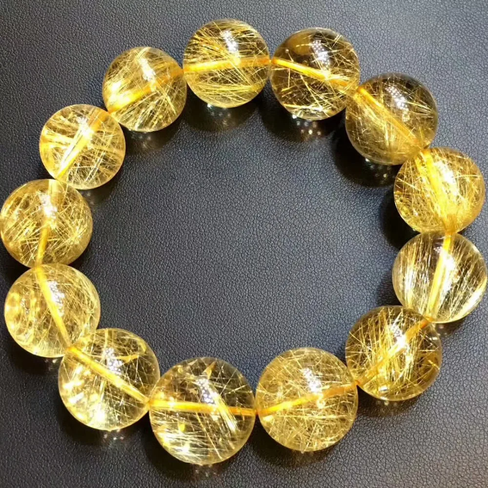 18mm Genuine Natural Yellow Gold Rutilated Quartz Crystal Clear Round