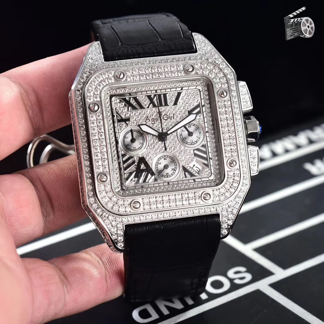 

Luxury Brand New Chronograph Men Stopwatch Sapphire Crystal Full Iced Diamond Rose Gold Silver Black Leather Sport Watches AAA+