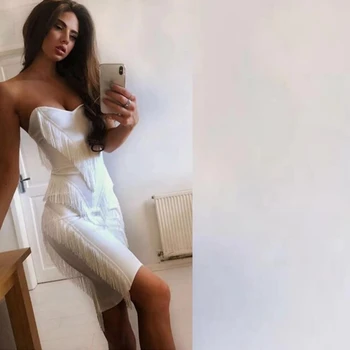 

Newest 2018 Elegant White Black Tassel Bandage Dress Sexy Women Party Cluwear Strapless Backless Summer Chic Bodycon vestidos