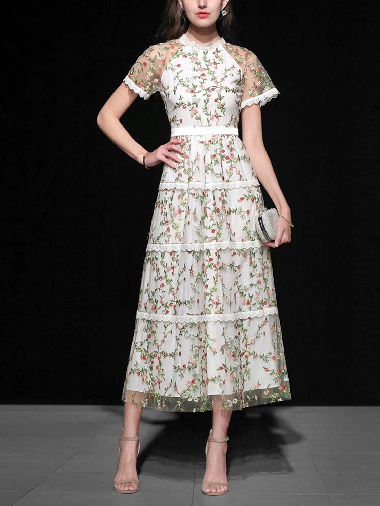 Seifrmann Women Spring Summer Dress Runway Fashion Designer Floral Embroidery Mesh Overlay Elegant Vintage Party Long Dresses