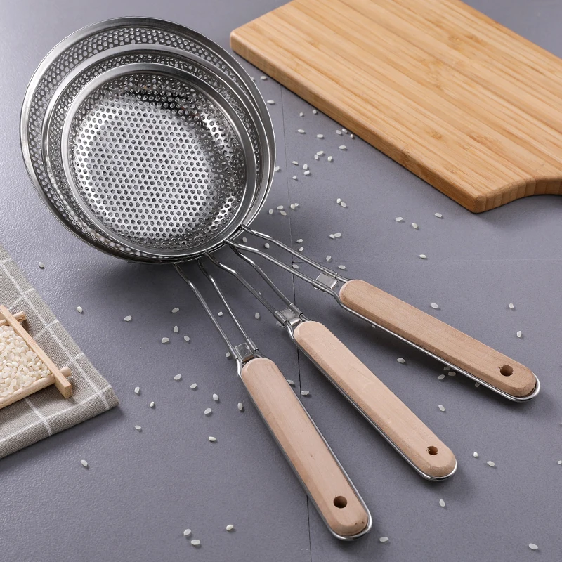 Stainless steel flour sifter Sieve Colanders S/M/L/XL Size Fine Mesh Wire oil strainer pot Frying Basket for baking Cooking Tool