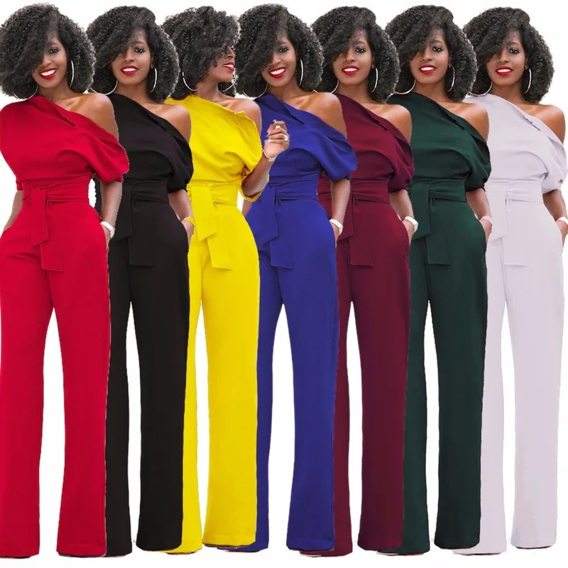 

Plus Size Jumpsuit Women Clothing 2018 Sexy Off Shoulder Long Pant Wide Leg Romper Large Size Loose Elegant Fashion Blue Overall
