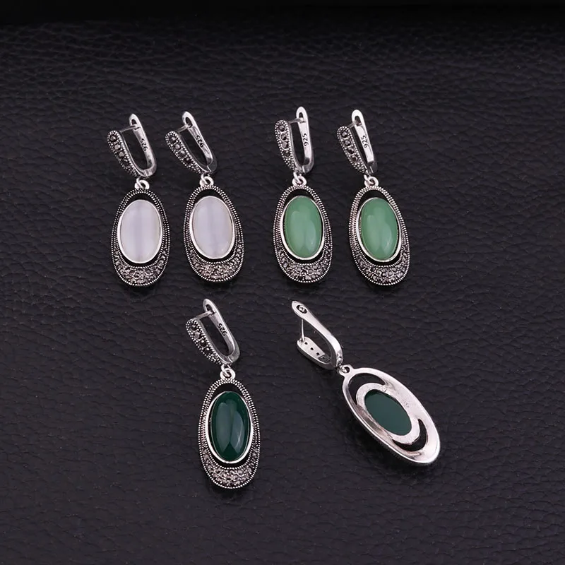 Sellsets Vintage Silver Color Oval Long Earring Pave Black Rhinestone And Resin Opal Dangle Drop Earrings Women Jewelry Gifts