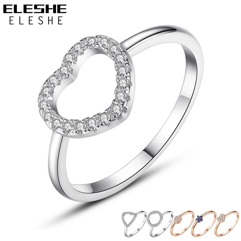 

ELESHE Luxury 925 Sterling Silver Rings for Women Cubic Zircon Crystal Heart Round Rose Gold Finger Ring Wedding Fashion Jewelry