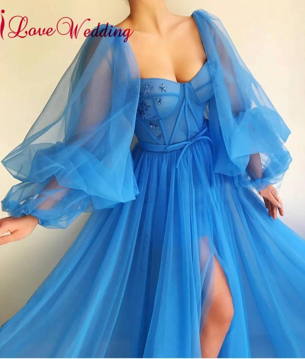 Новое поступление, милое синее вечернее платье, длинное, сделанное на заказ, а-силуэт, Дубай, длинные рукава-колокольчики, сексуальное вечернее платье