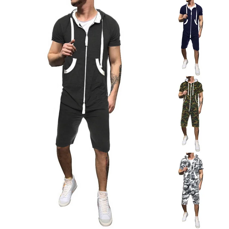 Puimentiua New Fashion Casual Tracksuit Jumpsuit Mens Short Sleeve Sweatshirt Hoodies Romper Mens Overalls Sportwear