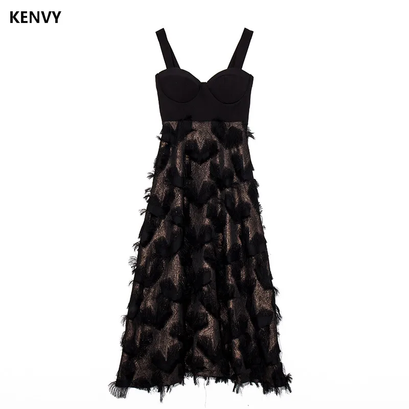

KENVY Brand Women's Fashion High-end Luxury Retro Wrapped Chest Fringed Gold Stars Long Dress