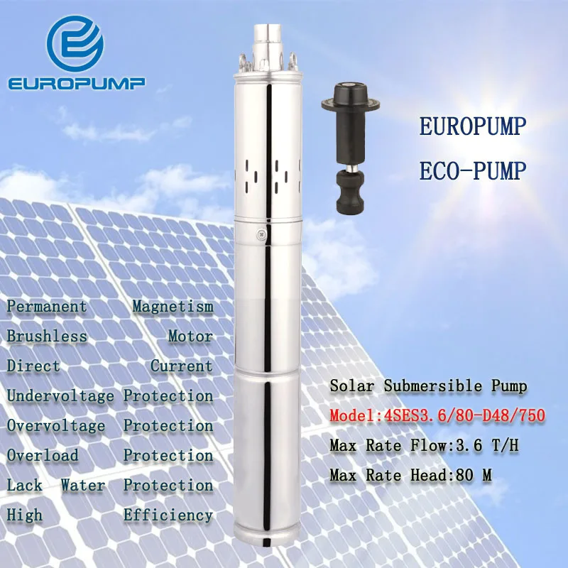 

EUROPUMP MODEL(4SES3.6/80-D48/750) Stainless Steel 304 Submersible DC Solar water pump for Deep Well 48V Max 80L/min Irrigation