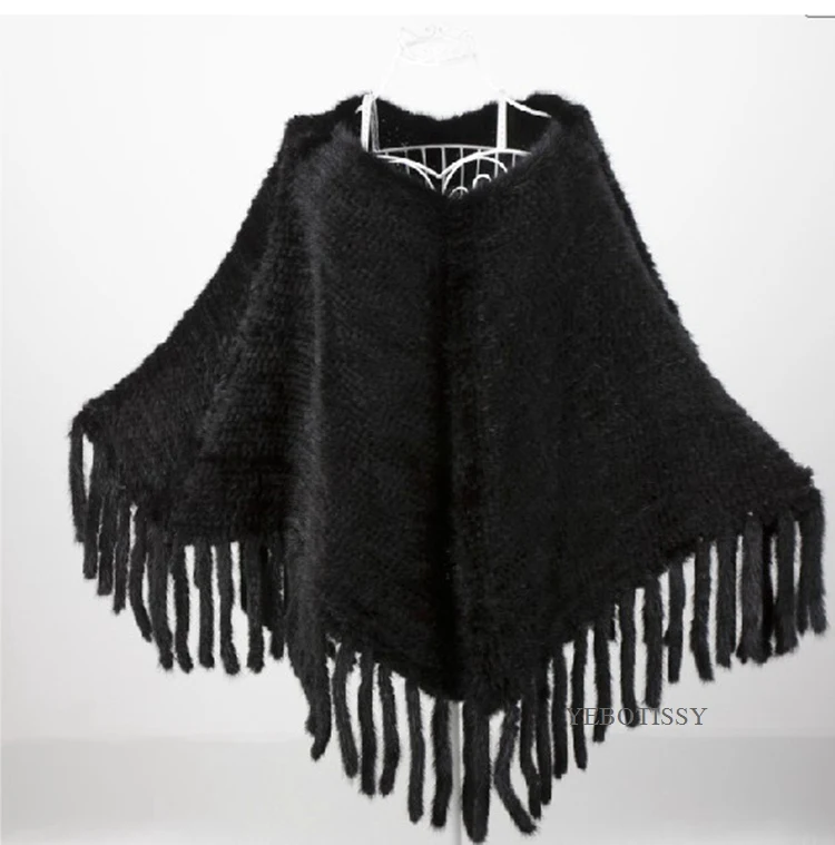 knitted women mink fur poncho with tassels (19)
