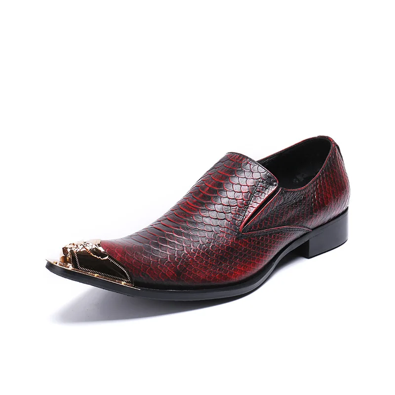 

New Men's Fashion Patent Leather Shoes Metal Toe Handmade Snakeskin Pattern Formal Zapatos Hombre Printing Flats