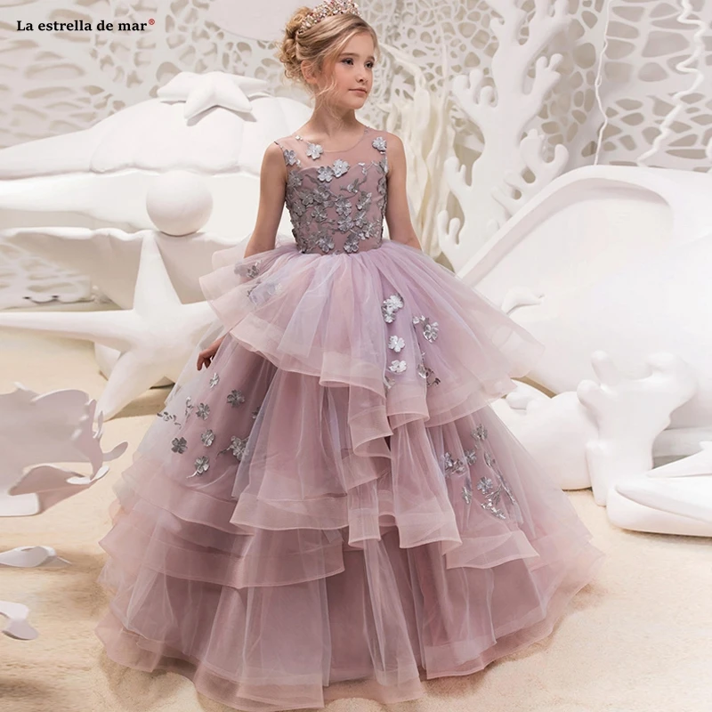 

Vestidos de primera comunion2019 new tulle applique Scoop A Lina lavender ball gowns for girls Floor Length sukienka kwiaty