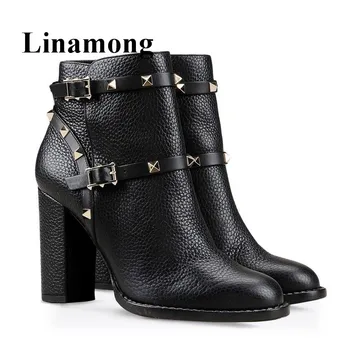 

Hottest Winter Black Fashion Metal Decoration Round Toe Square Heel Rivet Women Short Boots Solid Ladies Ankle Shoes Normal Size