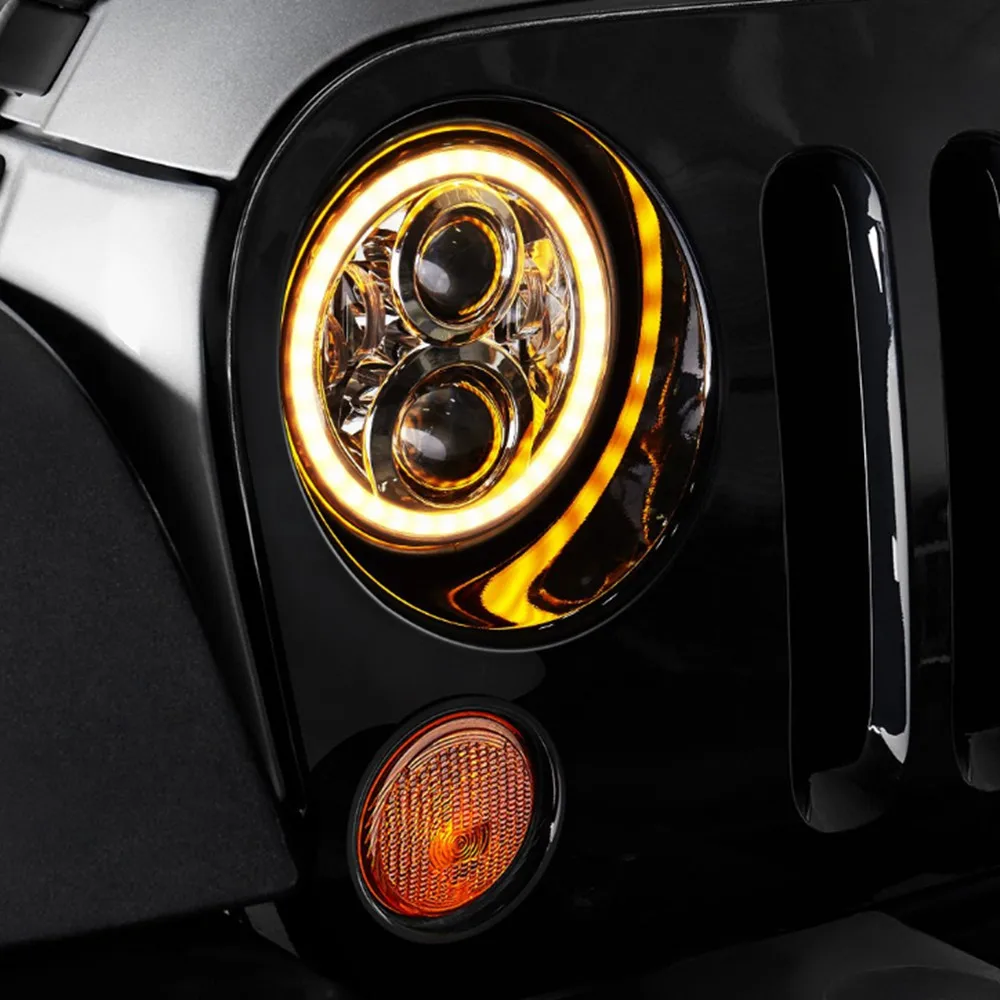 Пара 7 дюймов круглый светодиодный фары для автомобиля высокий низкий пучок Белый Halo Кольцо Ангельские глазки DRL+ янтарем сигнала поворота для Lada Niva Jeep и Hummer