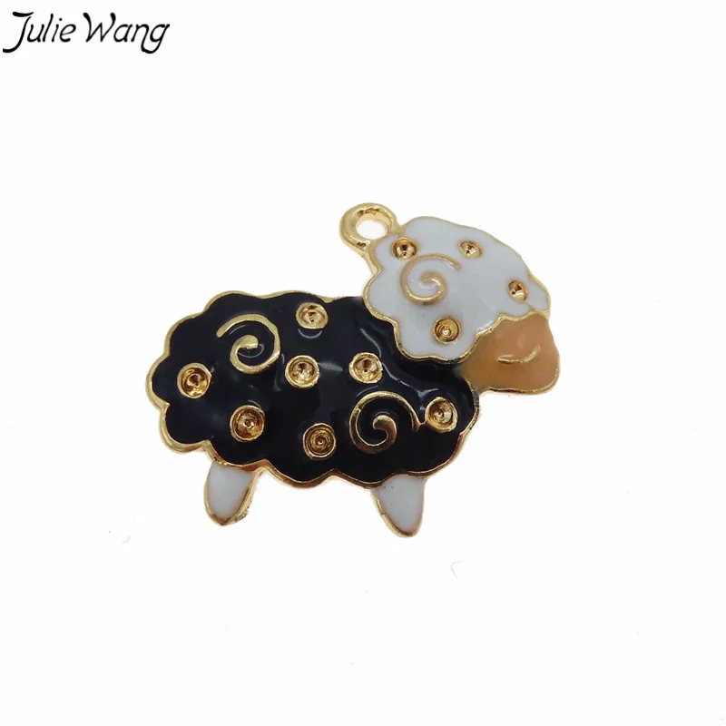 

Julie Wang 5pcs Black White Enamel Cute Sheep Pendant Gold Color Alloy Base Charm for DIY Earring Necklace Hanging Jewelry Craft