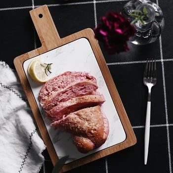 

1pcs Bamboo Marble Dinner Plate Cheese Tray With Handle 2018 Creativity European Dinnerware Easy to Clean Food Sushi Plate Tray