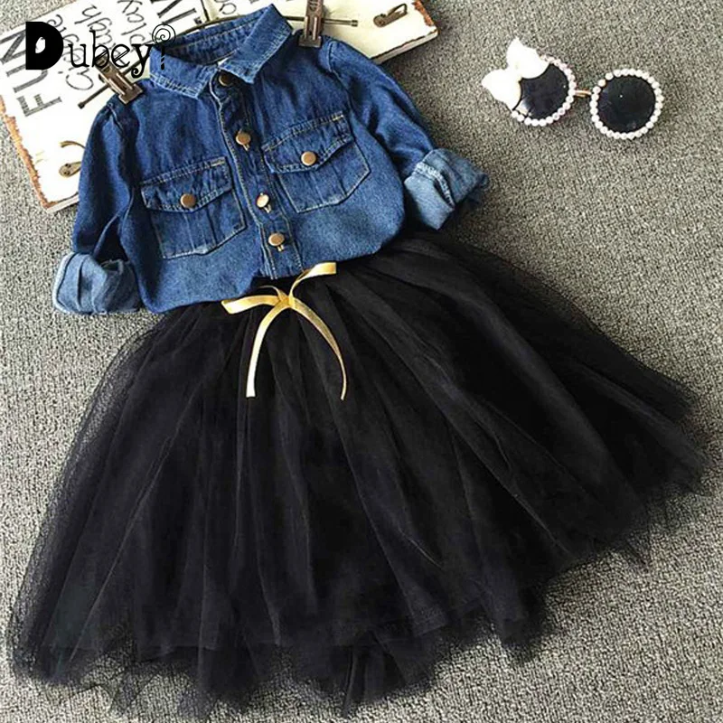 

Toddler Girl Denim Suits Girls Ruffle Outfits Long Sleeved Denim Shirt + Tulle Skirt Set for Girls Boutique Kids Clothing