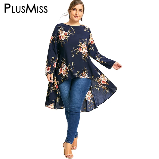 plus size 6xl floral printed chiffon long high low tops women 2017 hi low shirt plus size