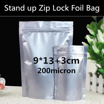 

New 200pcs/lot 9cm*13cm+3cm(Bottom) 200mic Aluminum Foil Stand up Package Bag Food Grade Doypack Zip Lock Bag