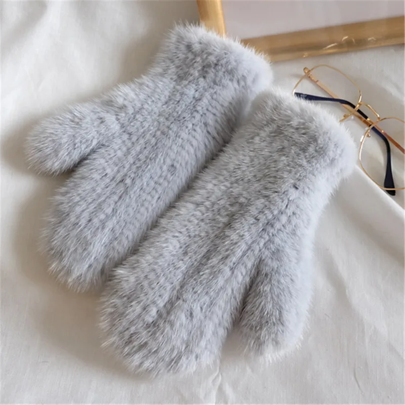 XINYAWEI брендовые модные зимние женские перчатки, Аутентичные натуральный мех норки, вязаные перчатки, толстые теплые меховые варежки - Цвет: light grey