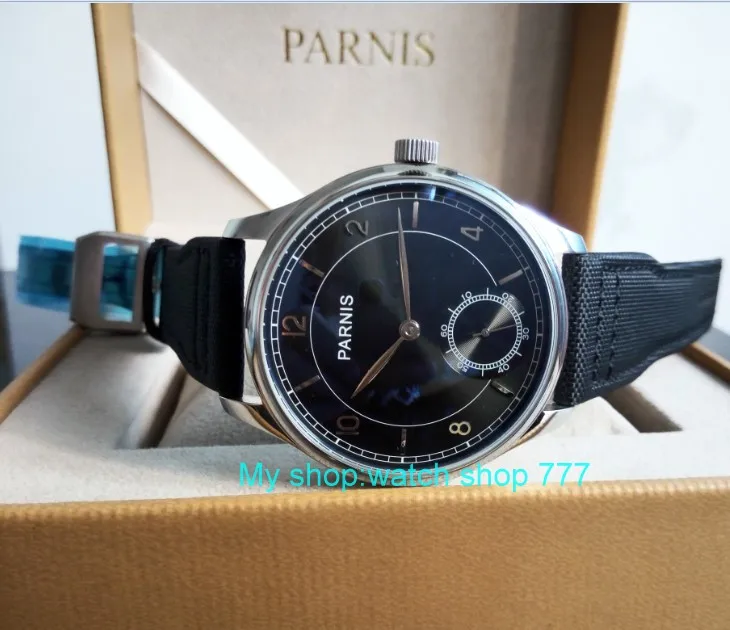 

44mm PARNIS Asian 17 jewels ST3621/6498 Mechanical Hand Wind movement black dial Nylon strap men's watches sdgd47A