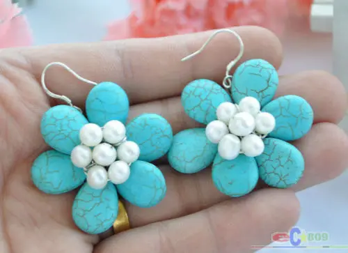 

40mm blue turquoise bead white pearl flower earring