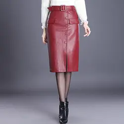 Осенне-зимняя модная Офисная Женская юбка-карандаш с высокой талией и пуговицами цвета красного вина из искусственной кожи, женские черные